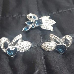 Vintage Sparkly Blue Brooch and Clip-On Earring Set